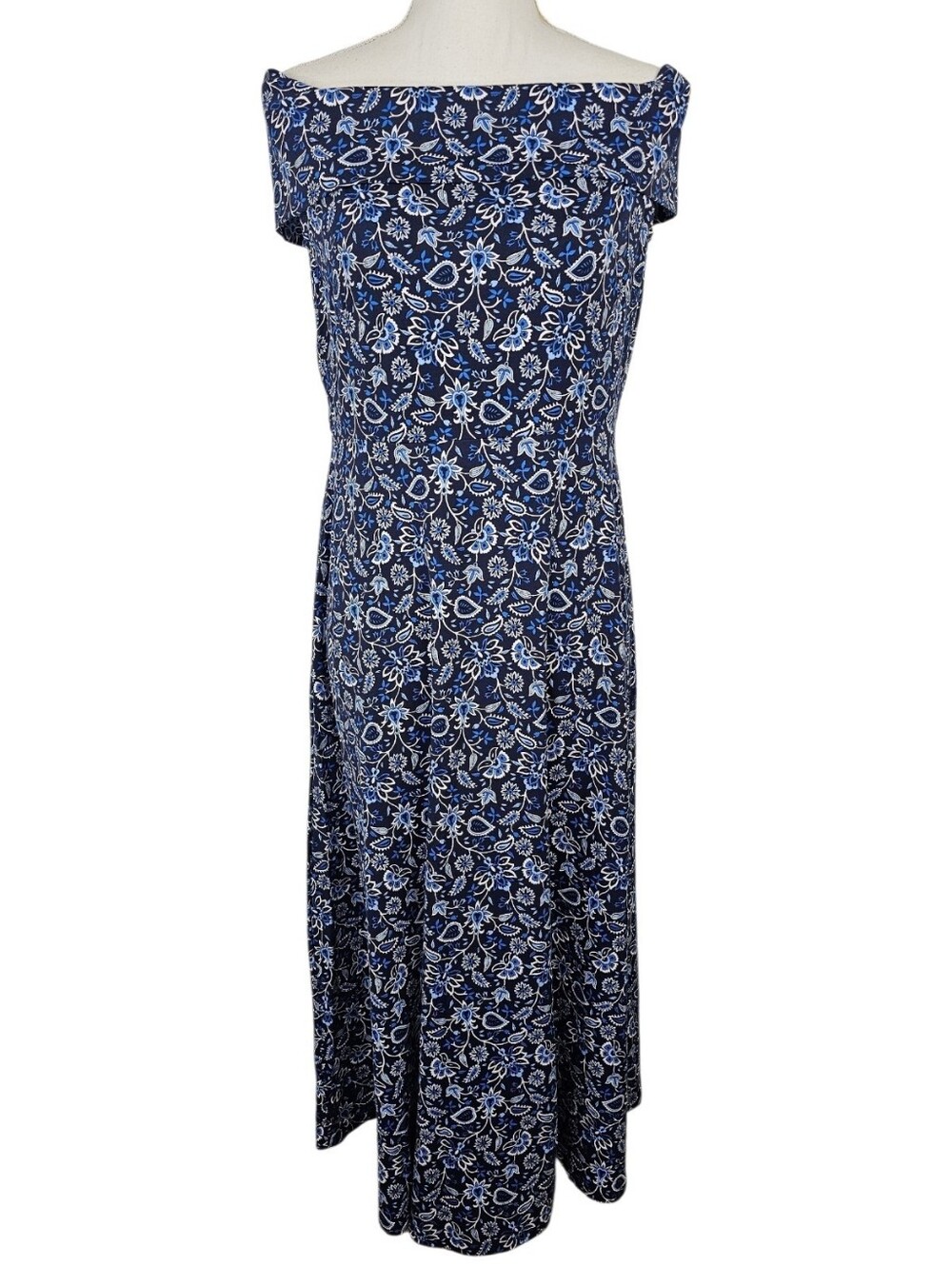 NWT LOFT Blue Paisley Off Shoulder Midi Dress Medium Stretch Knit